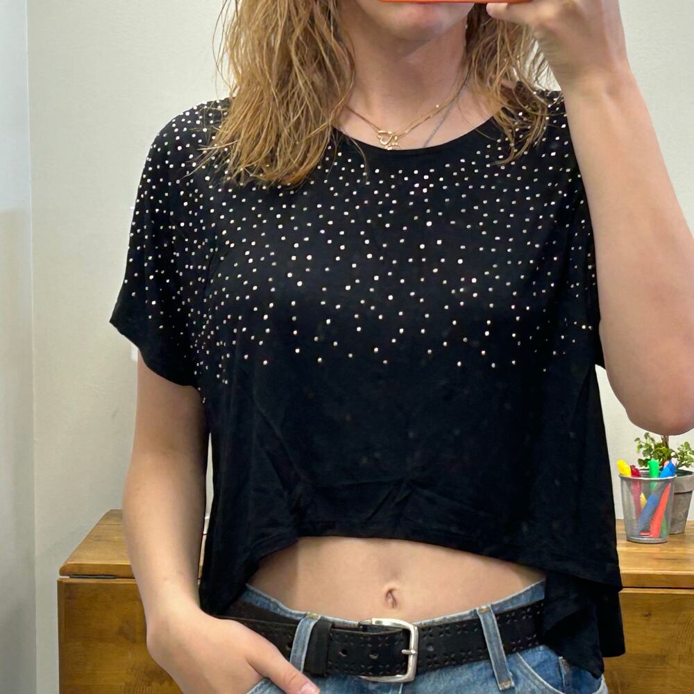 Y2K Black Studded Oversized Crop Top, Size Small/Medium